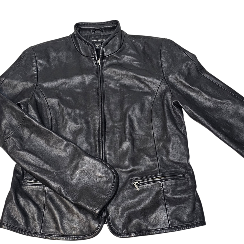 Valerie Stevens Black Leather Zip Up Moto Jacket Women’s Size M